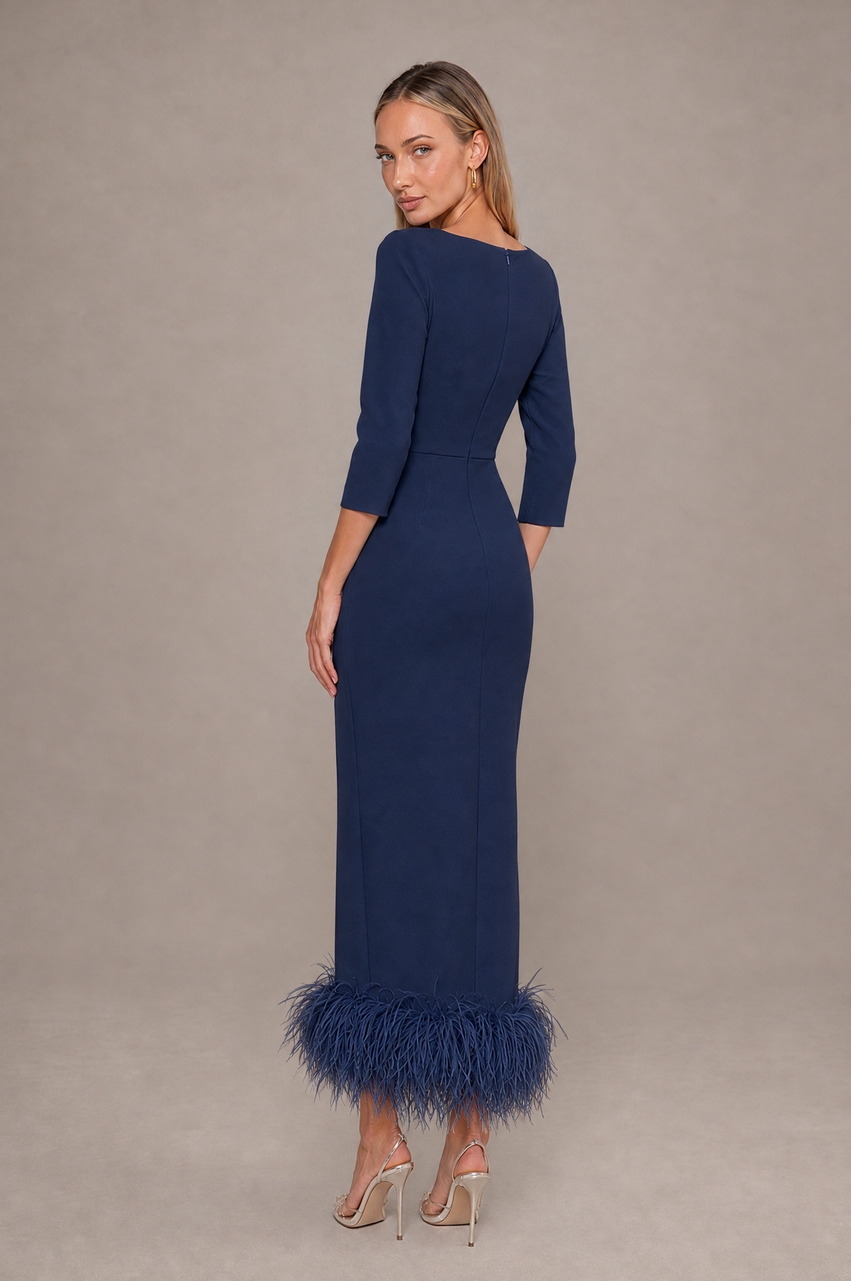 BOLODOO Navy Blue Feather-Trim Twist-Waist Midi Dress - Navy Blue - Navy_Blue_2