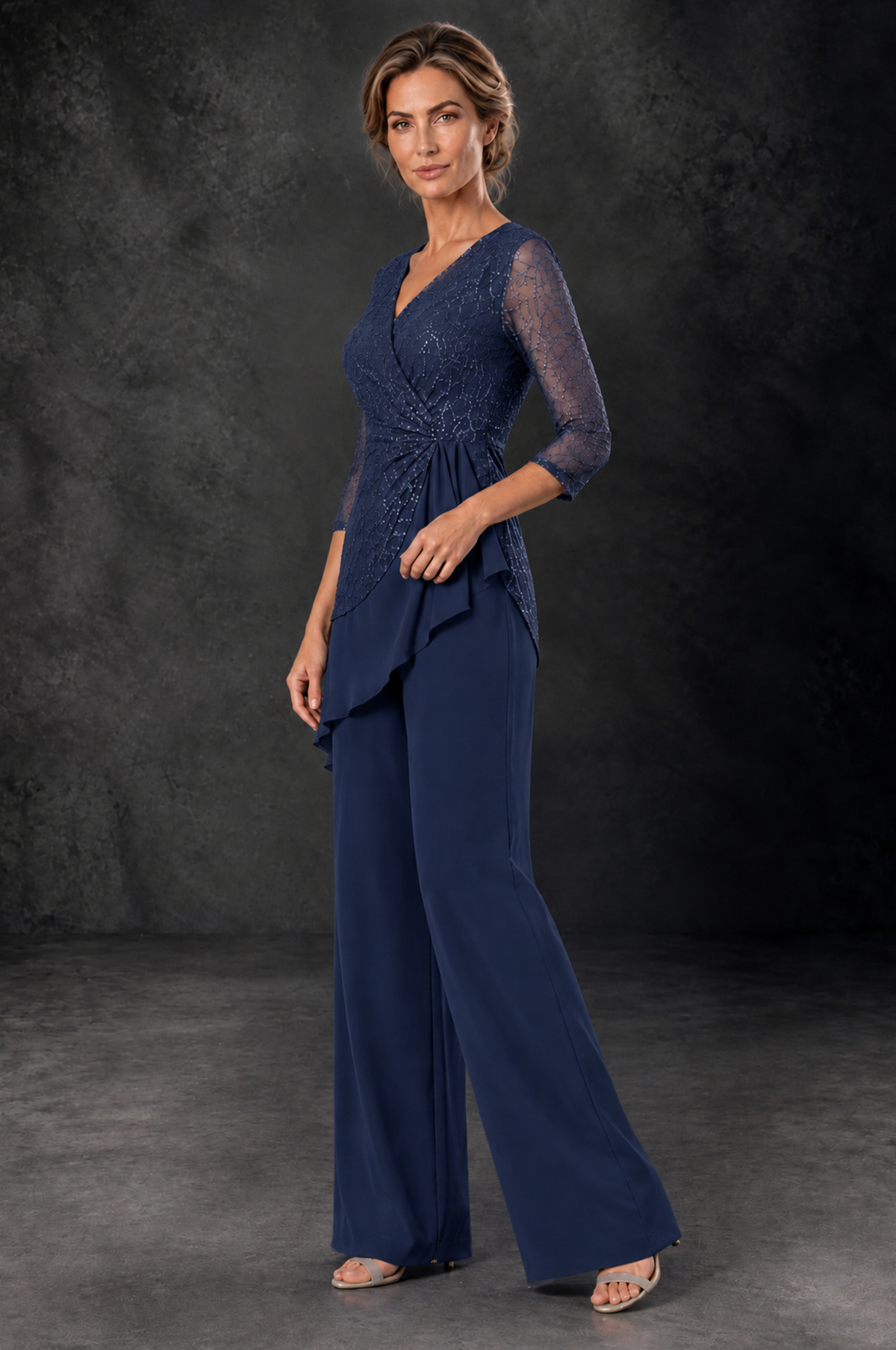 BOLODOO Navy Blue Sequin Lace 3/4 Sleeve Chiffon Mother of the Bride Pant Suit - Navy Blue - Navy_Blue_2