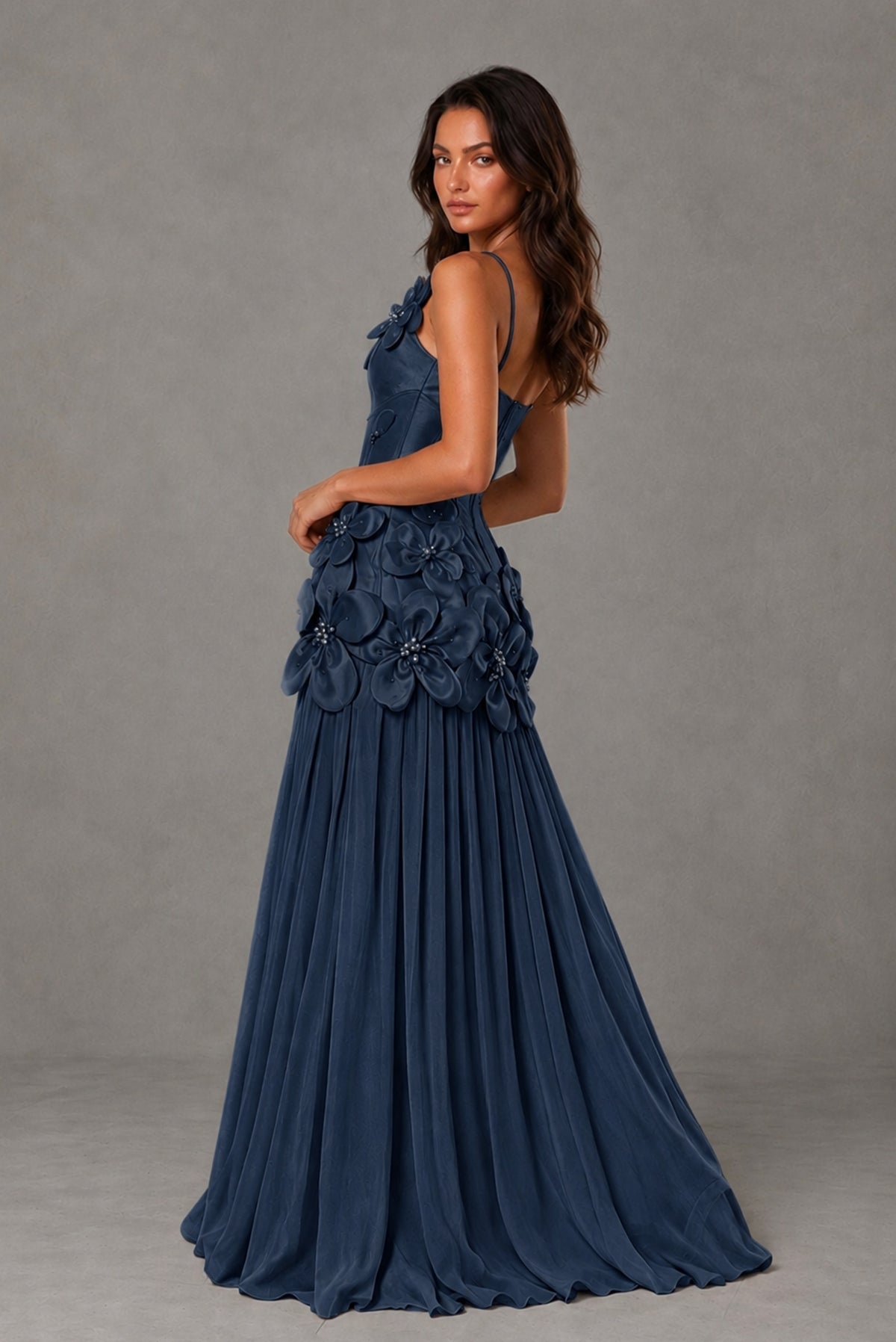 BOLODOO Navy Blue 3D Floral Appliqué Floor-Length A-Line Evening Gown - Navy Blue