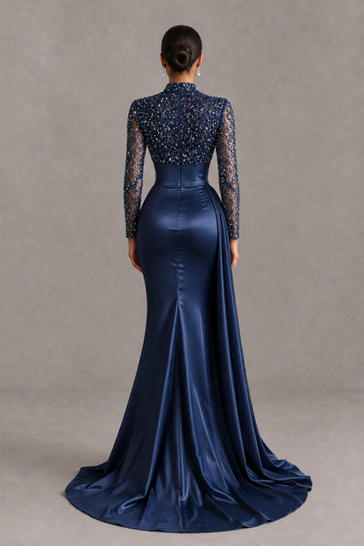 BOLODOO Navy Blue Long Sleeve Embellished Satin Mermaid Evening Gown - Navy Blue - Navy Blue_2