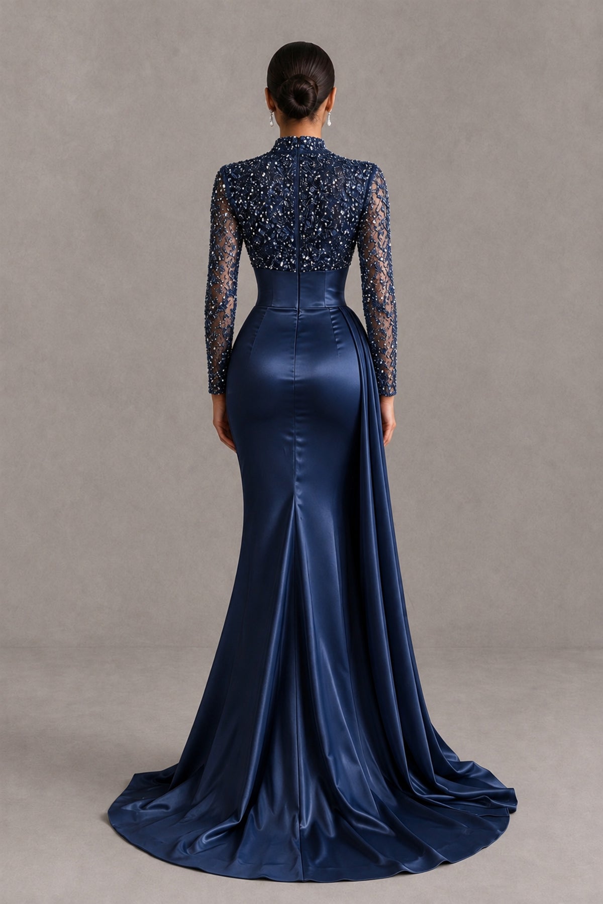 BOLODOO Navy Blue Long Sleeve Embellished Satin Mermaid Evening Gown - Navy Blue - Navy Blue_2