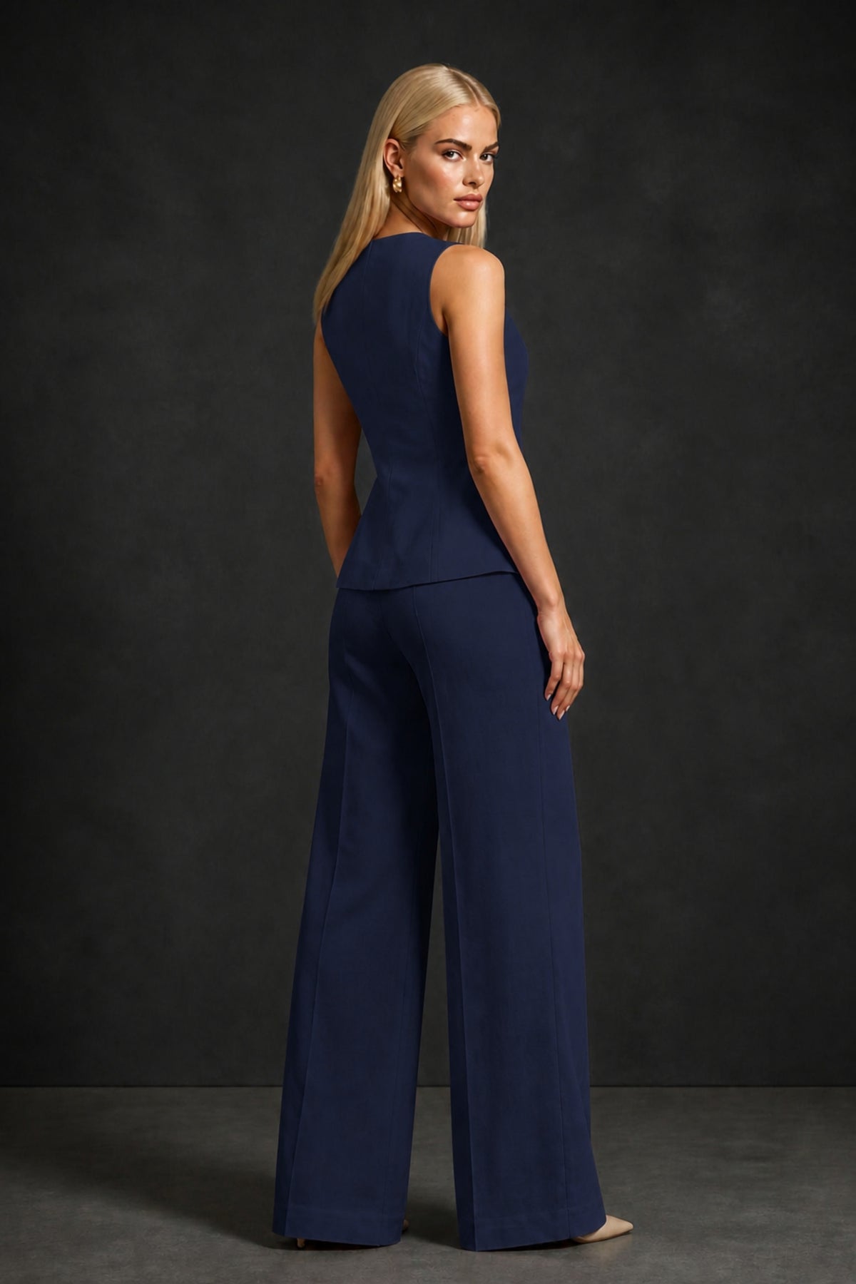 BOLODOO Navy Blue Sleeveless Vest Top & Wide-Leg Trousers Two-Piece Suit Set – Navy Blue Button Asymmetric Formal Set - Navy Blue