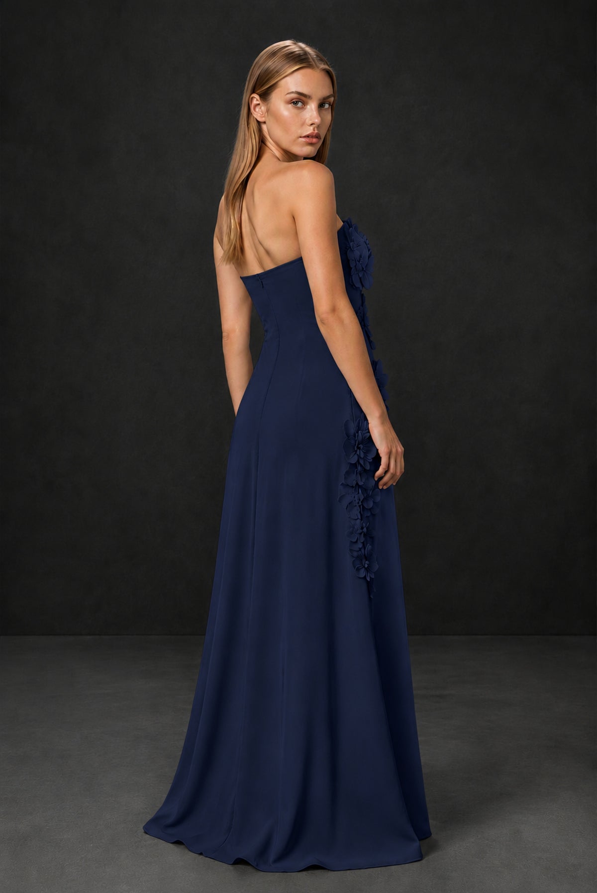 BOLODOO Navy Blue Strapless 3D Floral Appliqué Crepe Maxi Gown - Navy Blue