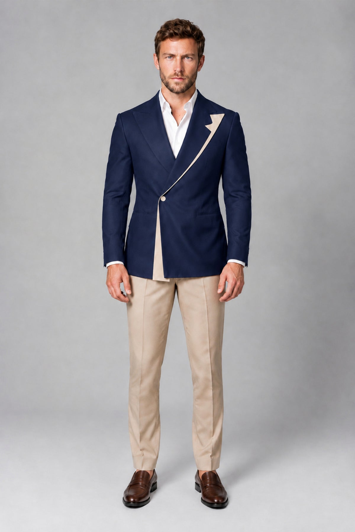 BOLODOO Men's Navy Blue Double-Breasted Blazer & Khaki Trousers Tuxedo 2-Piece Suit Set - Navy Blue - Navy Blue_2