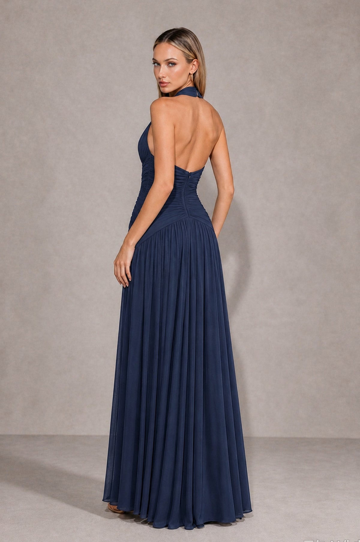 BOLODOO Navy Blue Chiffon Halter Deep V-Neck Ruched A-Line Backless Maxi Dress with Train-BD0167 - Navy Blue - Navy Blue_2