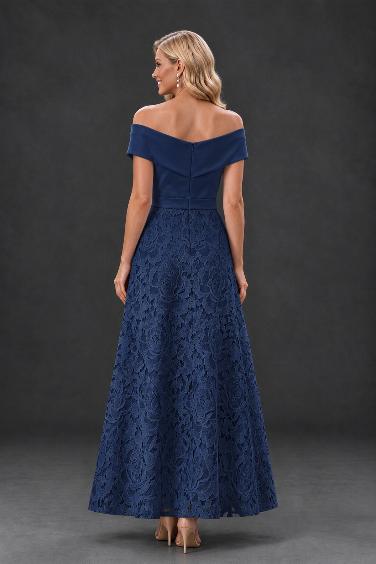 BOLODOO Navy Blue Off-the-Shoulder Floral A-Line Mother of the Bride Dress - Navy Blue - Navy Blue_2