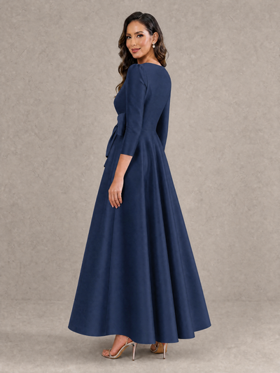BOLODOO Navy Blue Satin Deep V-Neck Wrap 3/4 Puff Sleeve A-Line Ball Gown Maxi Dress with Oversized Bow Belt - Navy Blue