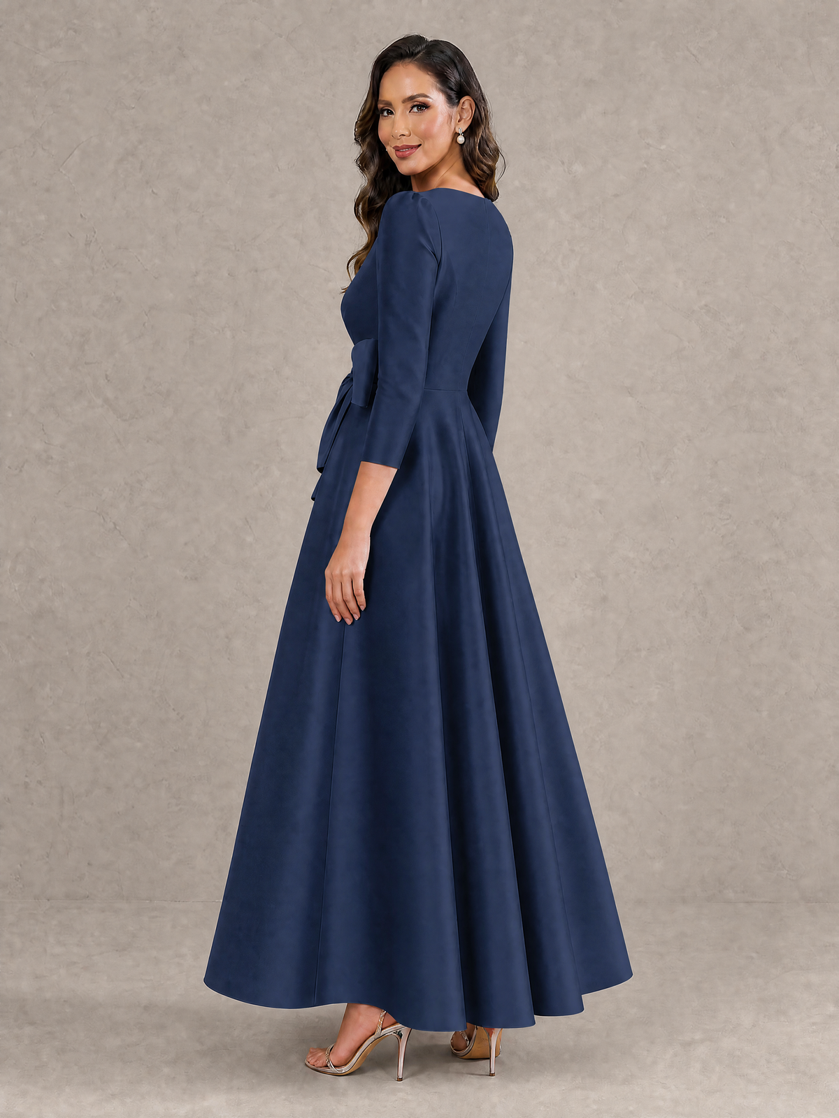 BOLODOO Navy Blue Satin Deep V-Neck Wrap 3/4 Puff Sleeve A-Line Ball Gown Maxi Dress with Oversized Bow Belt - Navy Blue