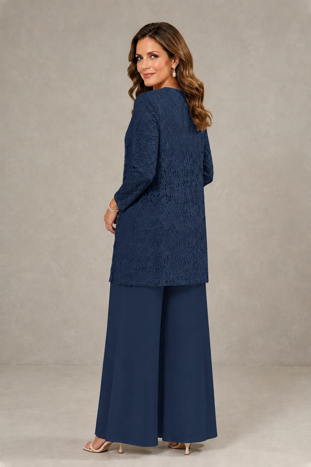 BOLODOO Navy Blue 3-Piece Lace Chiffon Pantsuit – Mother of the Bride Wedding Guest with Jacket - Navy Blue
