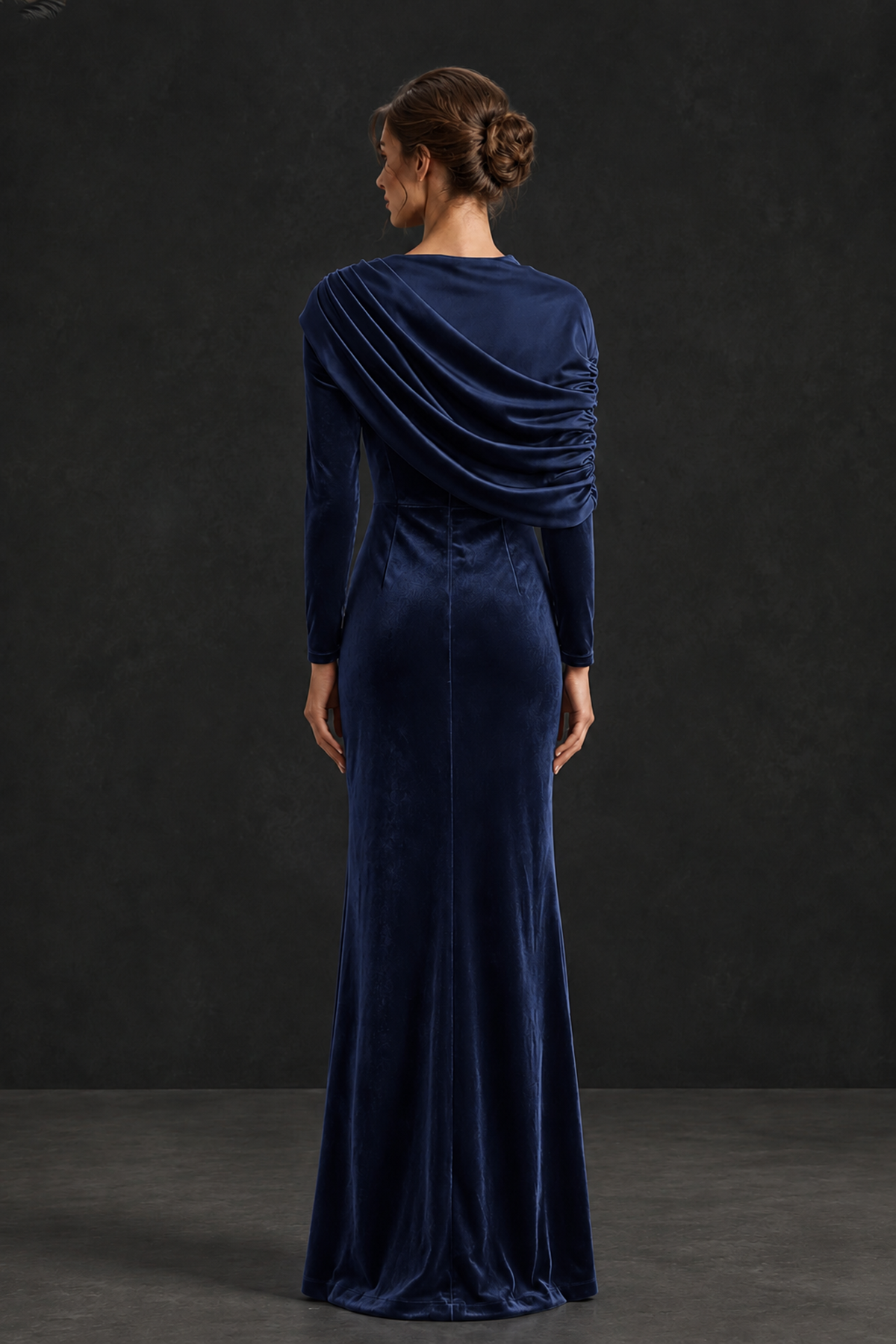 BOLODOO Navy Blue Velvet Long Sleeve Draped Mother of the Bride Dress - Navy Blue - Navy_Blue_2