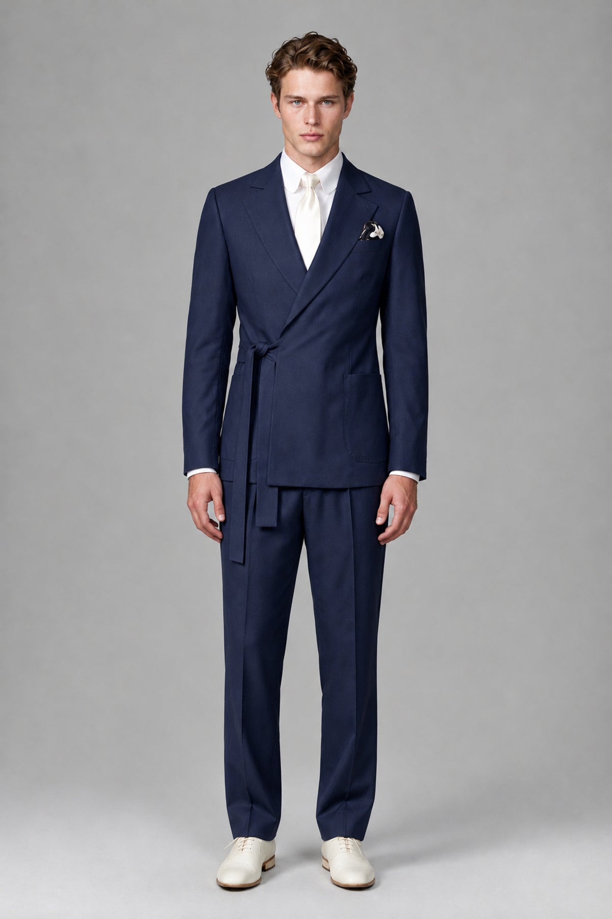 Bolodoo Men's Navy Blue Wrap Tie-Waist Two-Piece Suit – Jacket & Trousers - Navy Blue - Navy Blue_2