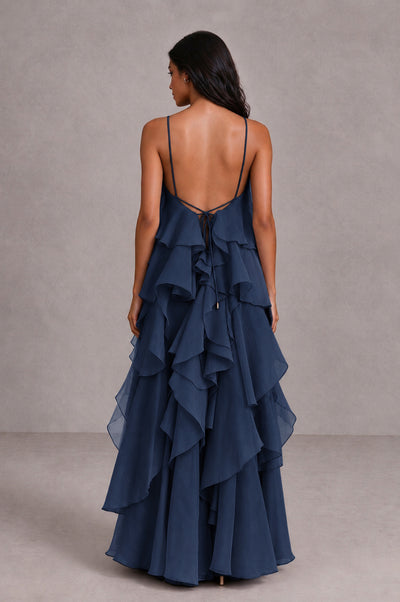 BOLODOO Navy Blue Cascading Ruffle Rosette Open-Back Maxi Dress - Navy Blue - Navy Blue_2