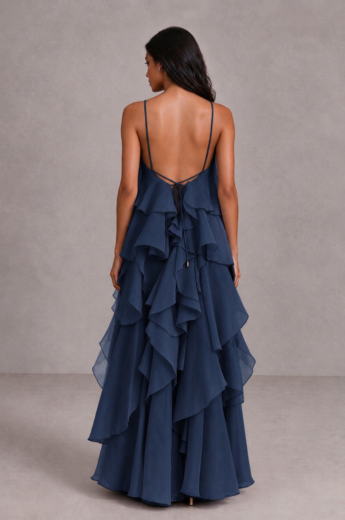 BOLODOO Navy Blue Cascading Ruffle Rosette Open-Back Maxi Dress - Navy Blue - Navy Blue_2