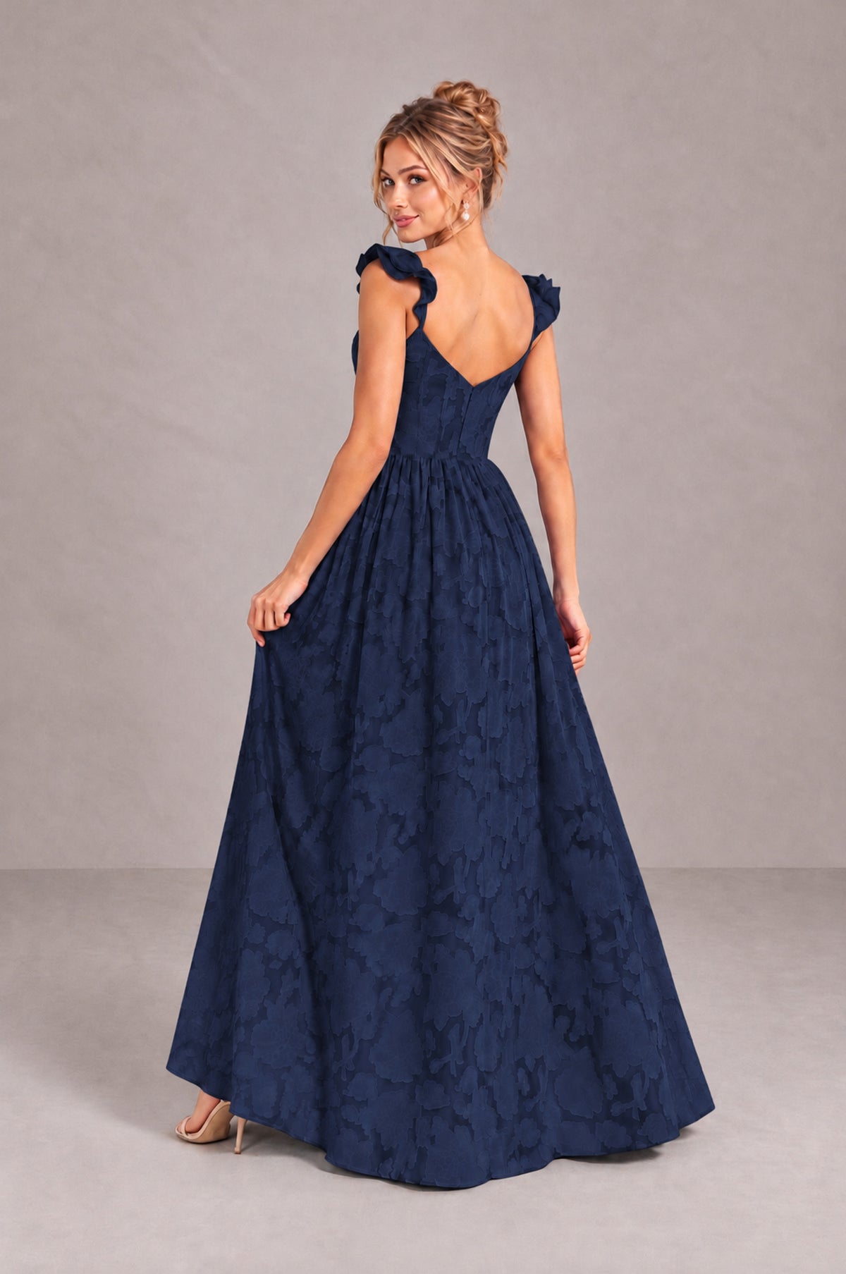 BOLODOO Navy Blue Floral A-Line Bridesmaid Dress with Slit Ruffle Straps Maxi Gown - Navy Blue - Navy Blue_2