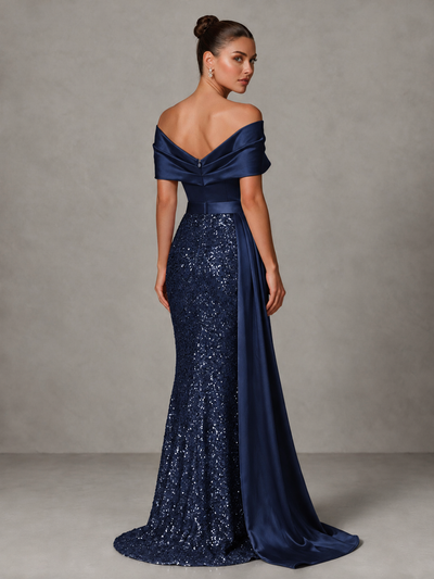 BOLODOO Navy Blue Sequin Mermaid Evening Dress with Off-Shoulder Satin Drape and Sweep Train - Navy Blue - Navy Blue_2