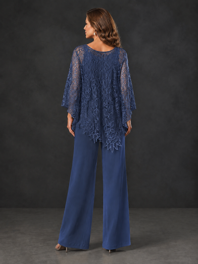 BOLODOO Navy Blue Lace Overlay Wide-Leg Pantsuit for Mothers of the Bride - Navy Blue