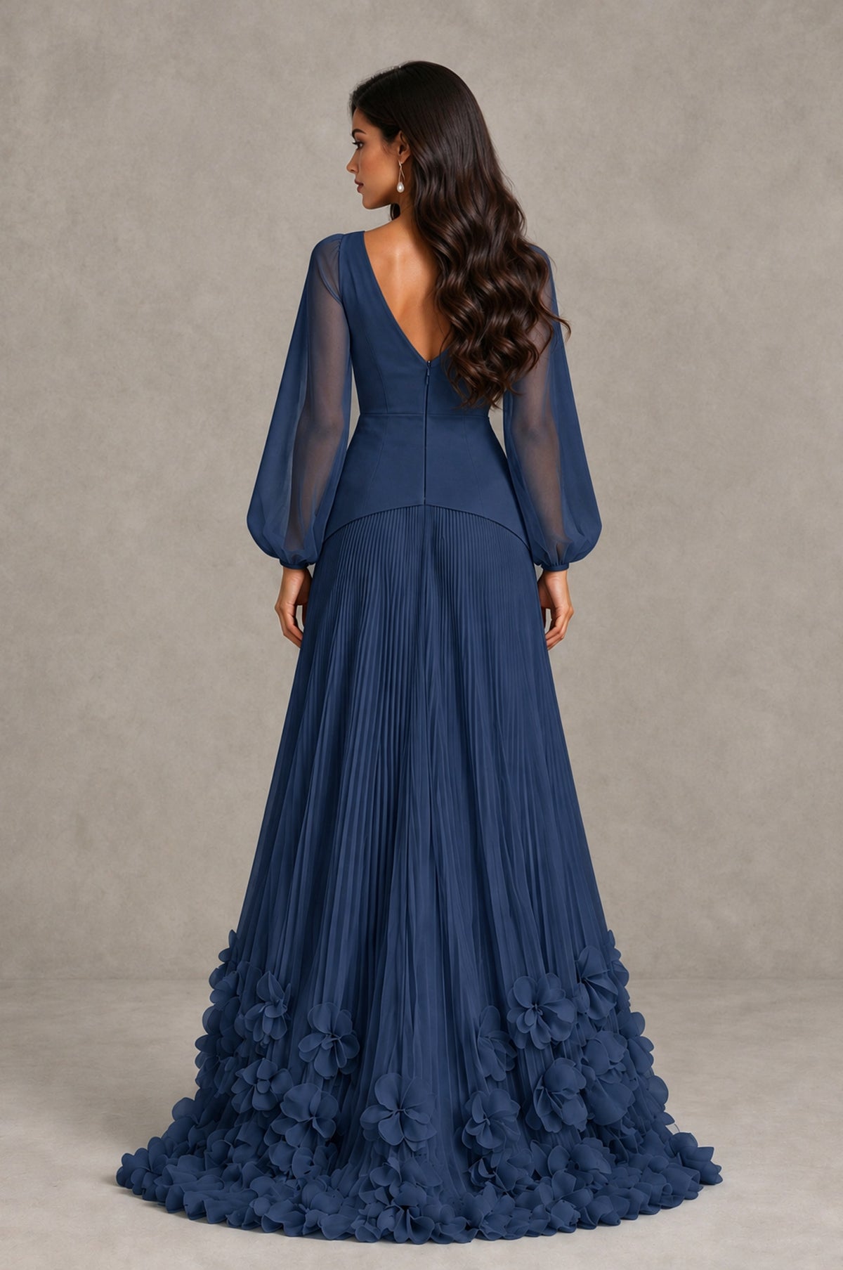 BOLODOO Navy Blue V-Neck Long Sleeve Pleated Floral Hem Evening Dress - Navy Blue - Navy Blue_2