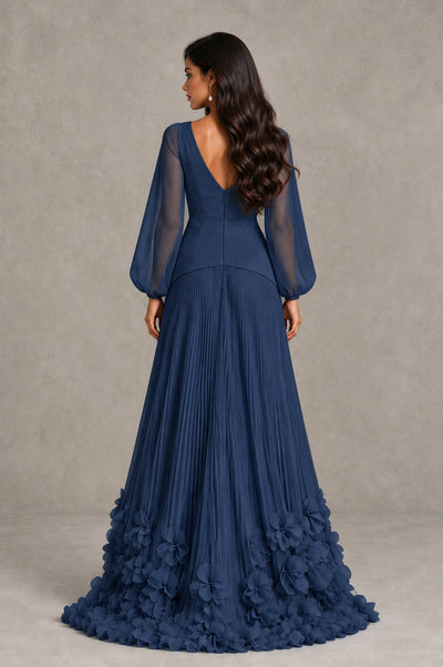 BOLODOO Navy Blue V-Neck Long Sleeve Pleated Floral Hem Evening Dress - Navy Blue - Navy Blue_2