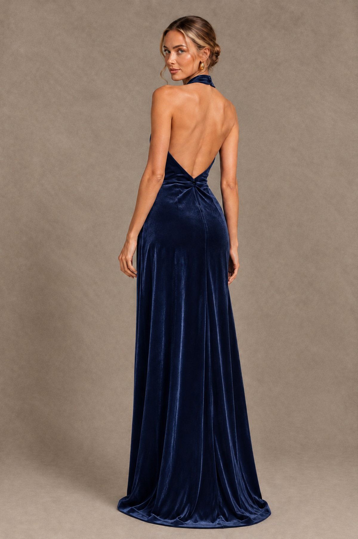 BOLODOO Navy Blue Velvet Halter Open-Back Ruched Evening Dress - Navy Blue - Navy_Blue_2