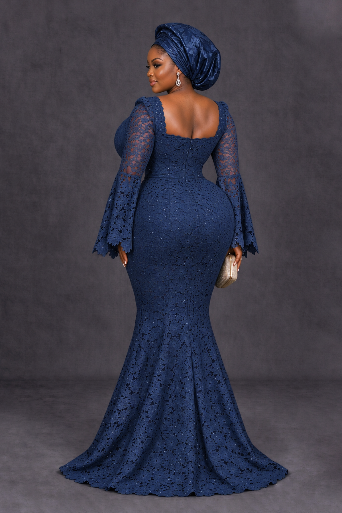 BOLODOO Navy Blue African Lace Mermaid Dress, Plus Size Nigerian Wedding Guest Gown with Bell Sleeves - Navy Blue - Navy Blue_2