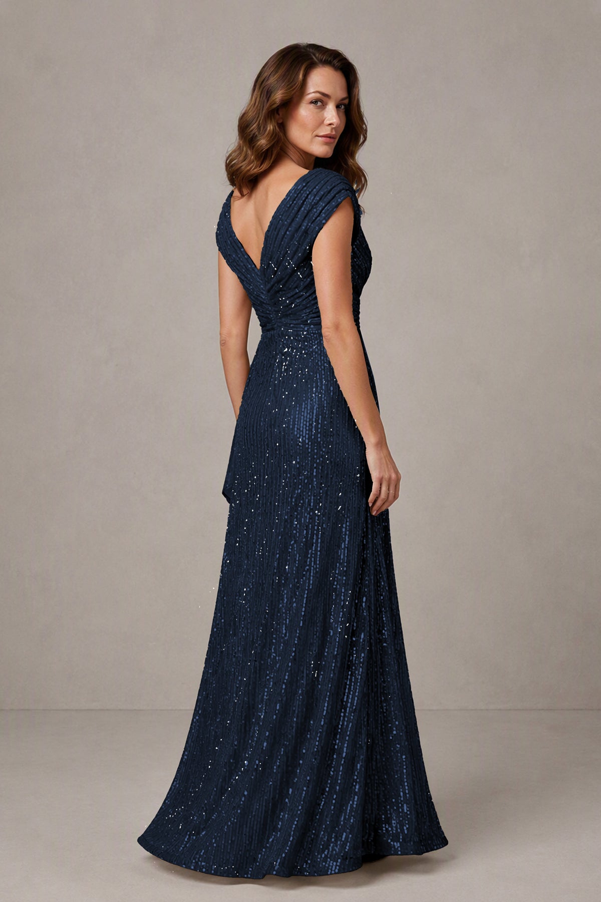BOLODOO Navy Blue Sequin V-Neck Cap Sleeve Maxi Dress - Navy Blue