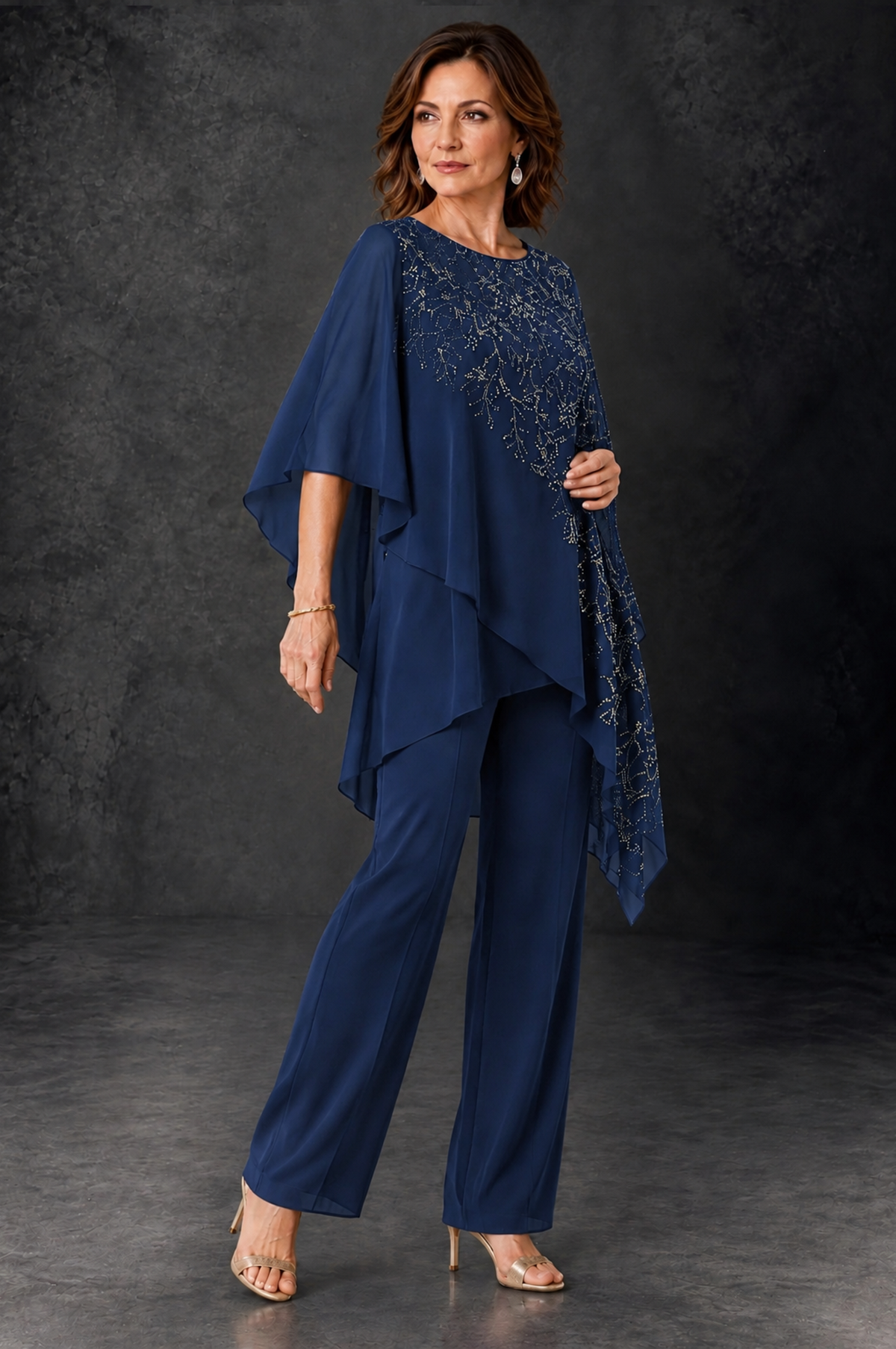 BOLODOO Navy Blue Embellished Cape Pant Suit for Mother of the Bride - Navy Blue - Navy_Blue_2