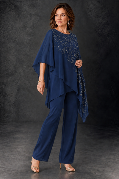 BOLODOO Navy Blue Embellished Cape Pant Suit for Mother of the Bride - Navy Blue - Navy_Blue_2