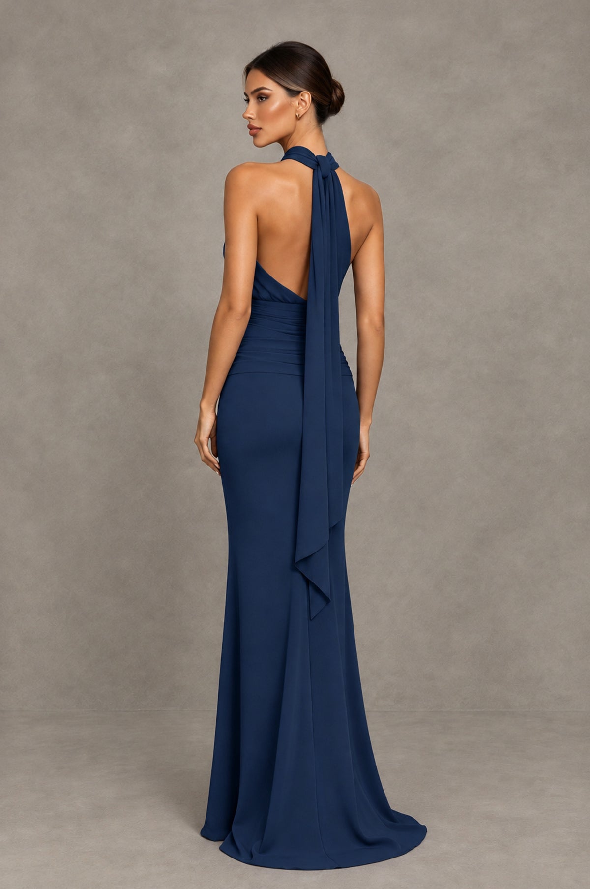BOLODOO Navy Blue Chiffon Halter Maxi Formal Wedding Guest Dress - Navy Blue - Navy Blue_2