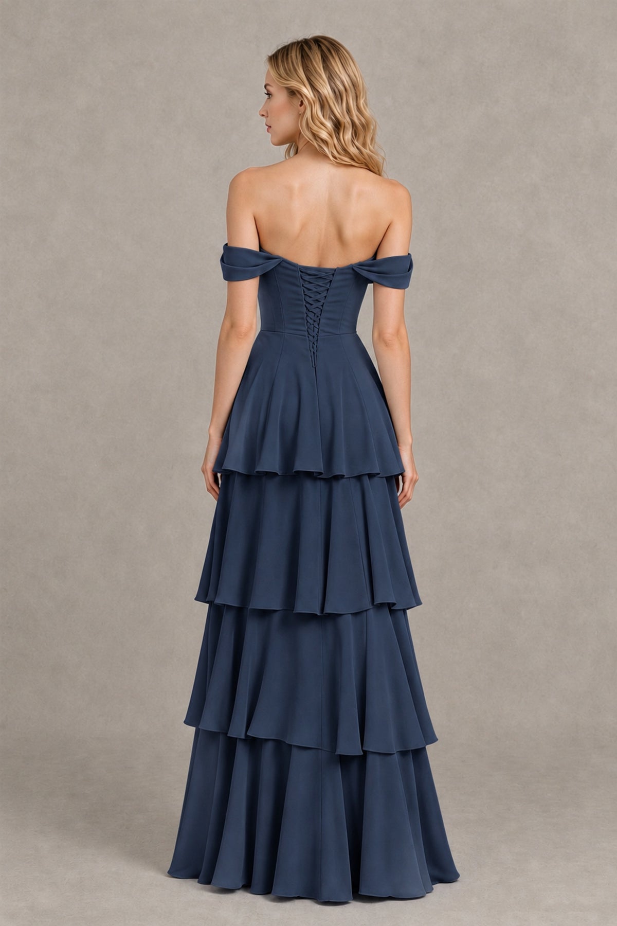 BOLODOO Navy Blue Off-the-Shoulder Tiered A-Line Evening Bridesmaid Dress - Navy Blue - Navy Blue_2
