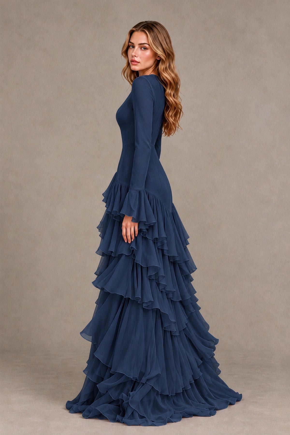 Navy Blue Long Sleeve Tiered Ruffle Evening Gown - Navy Blue - Navy Blue_2