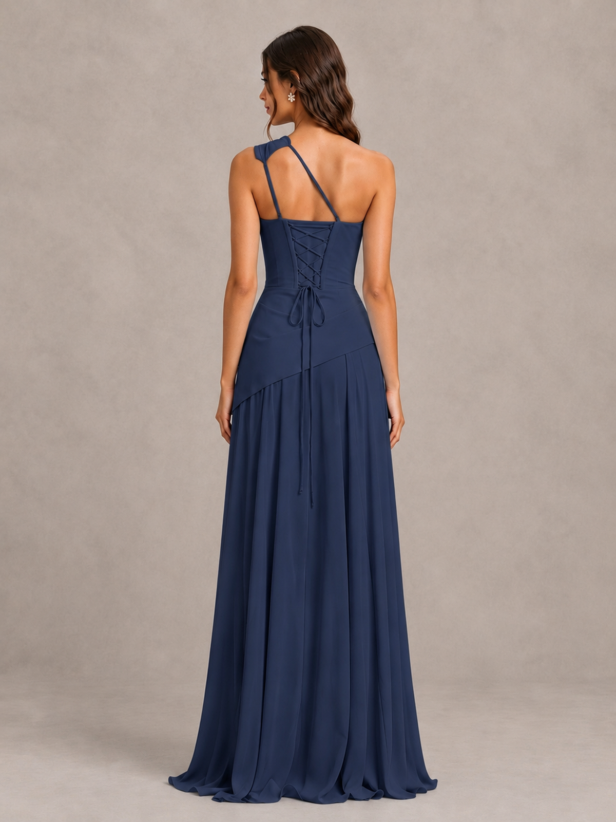 BOLODOO Navy Blue One-Shoulder Lace-Up Back Bridesmaid Dress - Navy Blue - Navy Blue_2