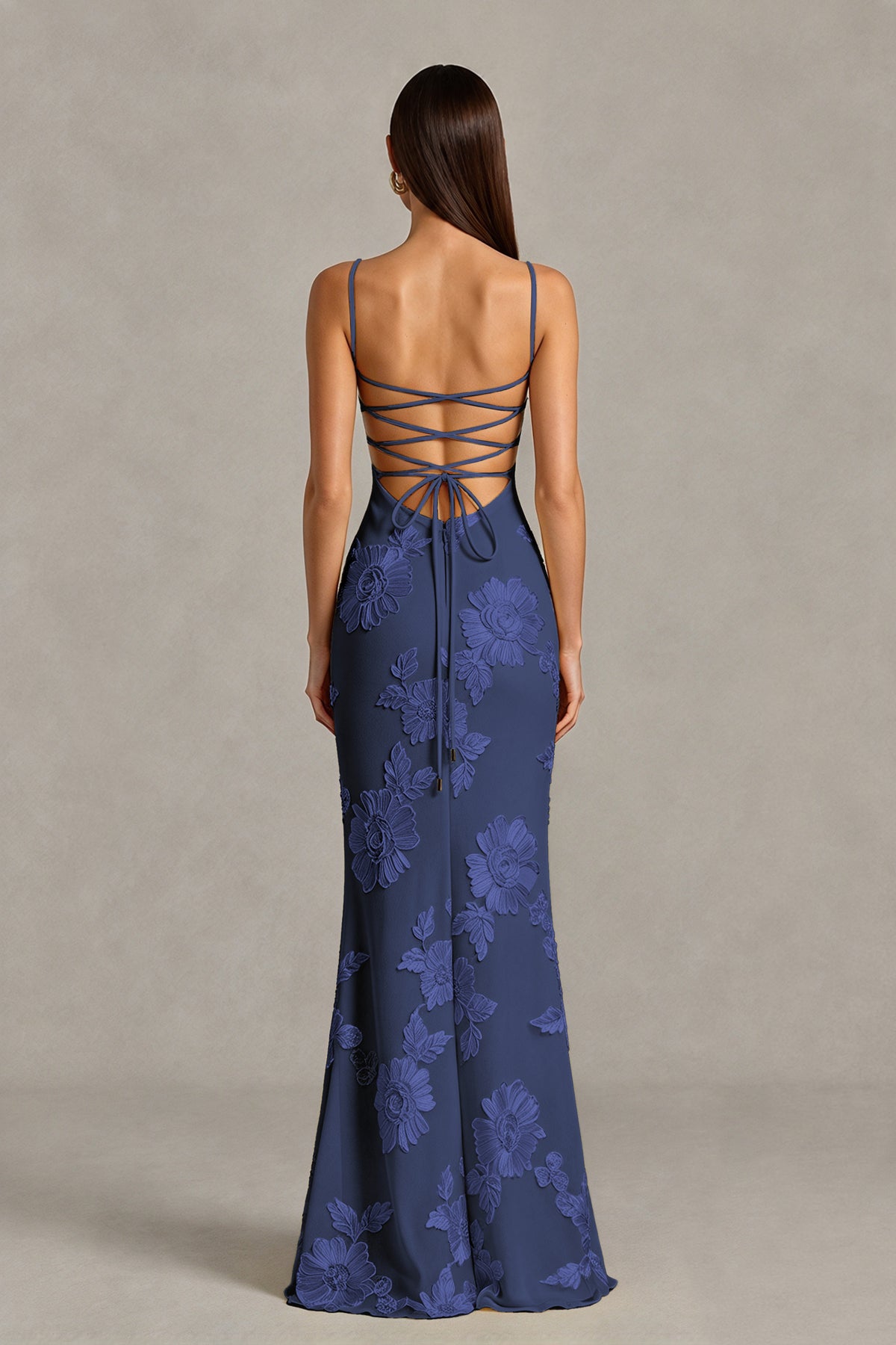 BOLODOO Navy Blue Floral Lace-Up Back Mermaid Maxi Dress - Navy Blue