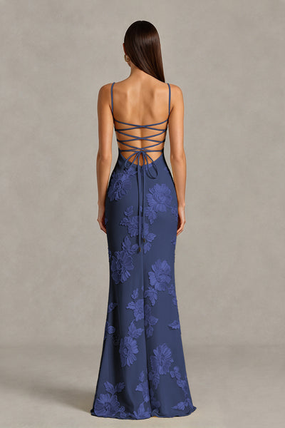 BOLODOO Navy Blue Floral Lace-Up Back Mermaid Maxi Dress - Navy Blue