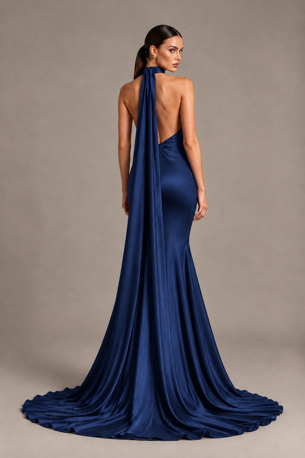 BOLODOO Navy Blue One-Shoulder Satin Mermaid Evening Dress with Scarf - Navy Blue - Navy Blue_2