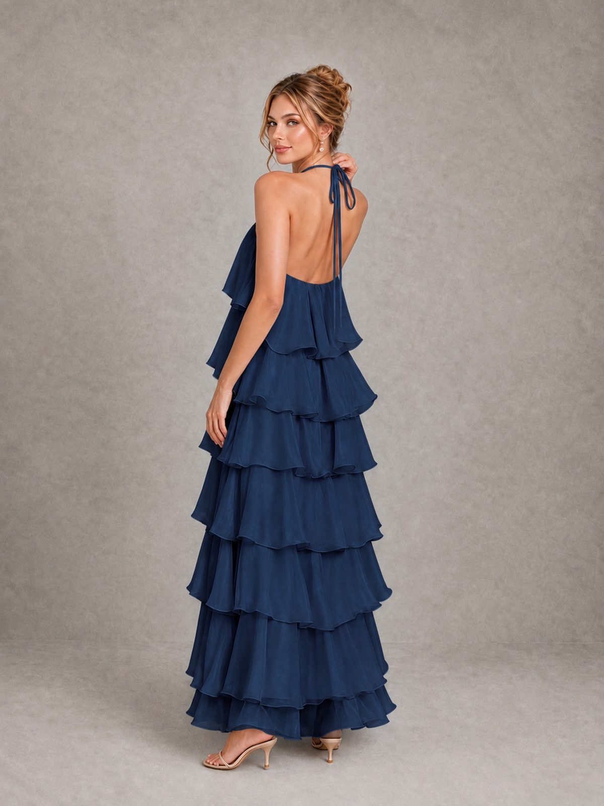BOLODOO Navy Blue Halter Tiered Ruffle Maxi Bridesmaid Dress - Navy Blue - Navy Blue_2