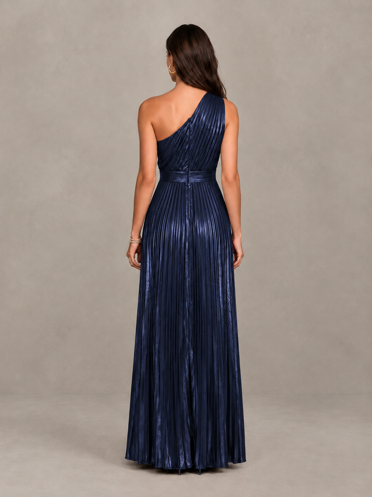 BOLODOO Navy Blue One-Shoulder Metallic Pleated Wide-Leg Jumpsuit - Navy Blue - Navy Blue_2