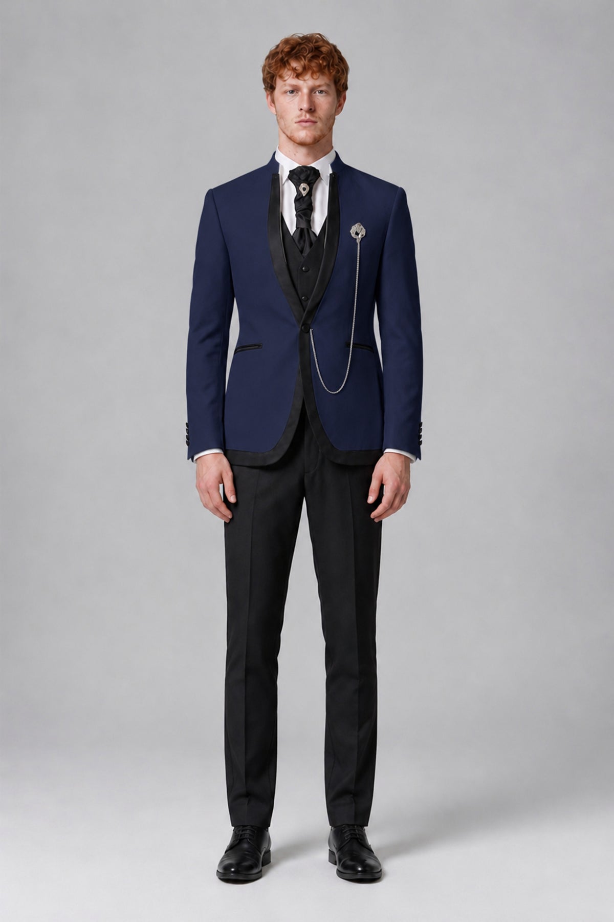 Bolodoo Men's Navy Blue 3-Piece Shawl Lapel Tuxedo Suit with Vest - Navy Blue - Navy Blue_2
