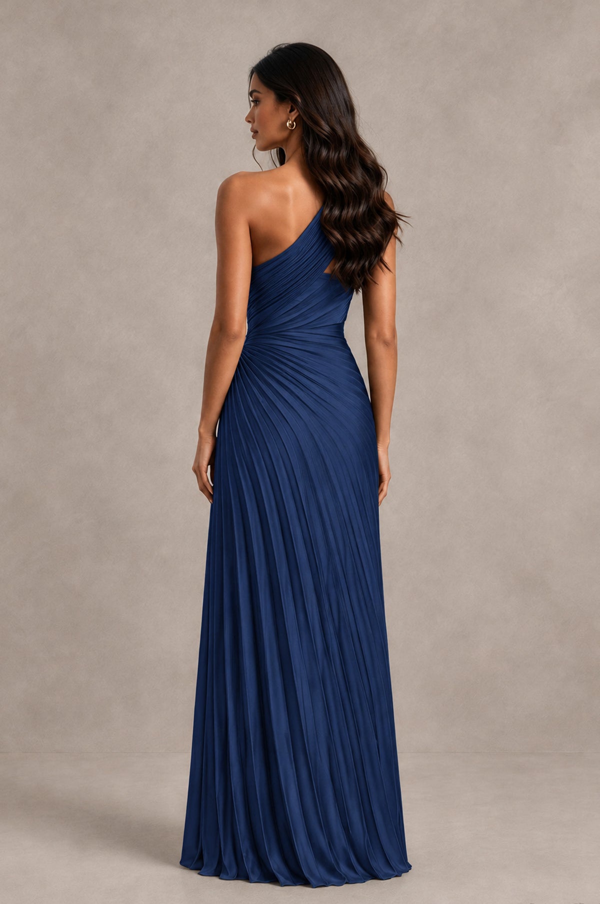 BOLODOO Navy Blue One Shoulder Pleated Evening Dress with Ruched Waist and High Slit - Navy Blue - Navy Blue_2