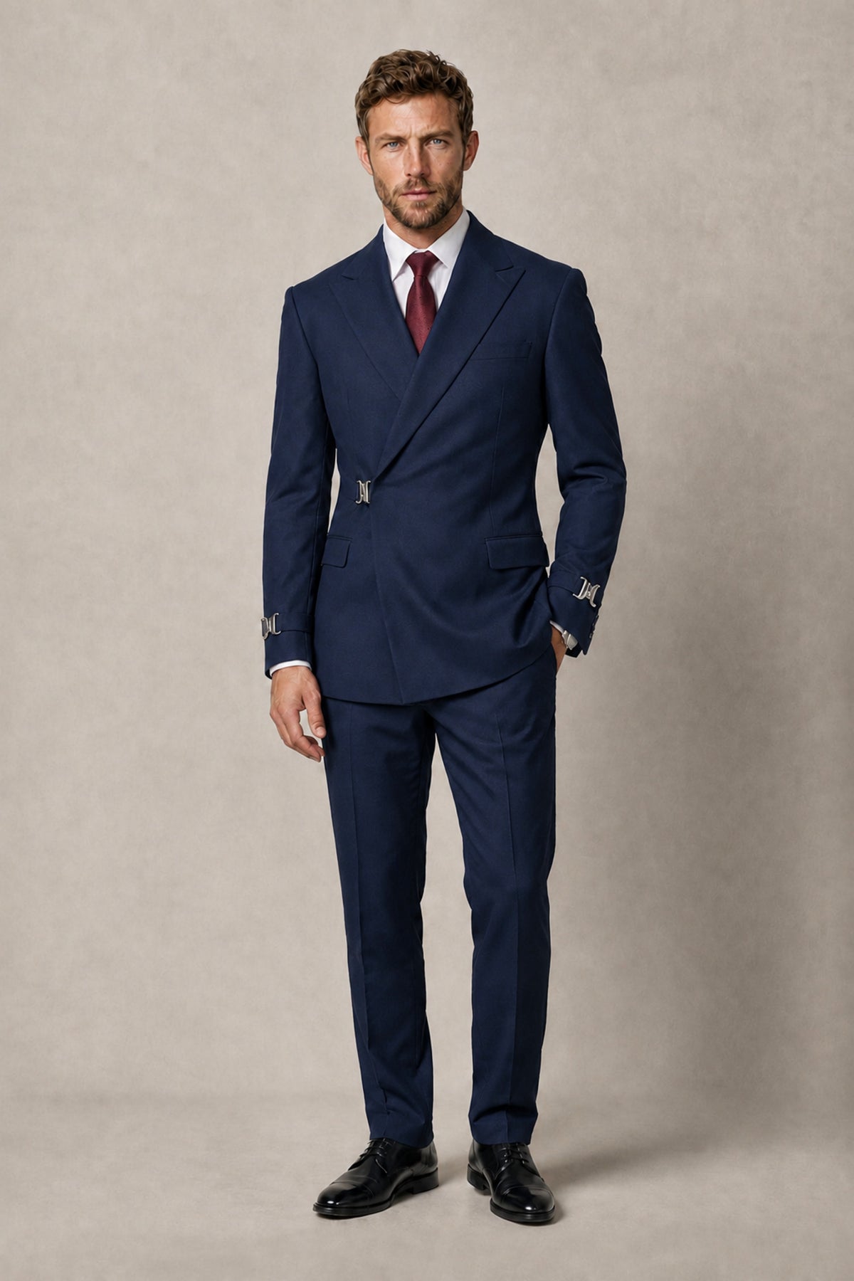 BOLODOO Men's Navy Blue Double-Breasted 2-Piece Suit Set – Blazer & Tailored Trousers - Navy Blue