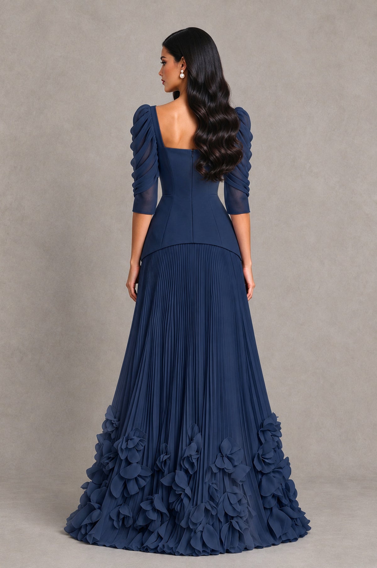 BOLODOO Navy Blue Square Neck Pleated Floral Applique Evening Dress - Navy Blue - Navy Blue_2