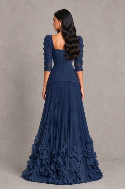 BOLODOO Navy Blue Square Neck Pleated Floral Applique Evening Dress - Navy Blue - Navy Blue_2