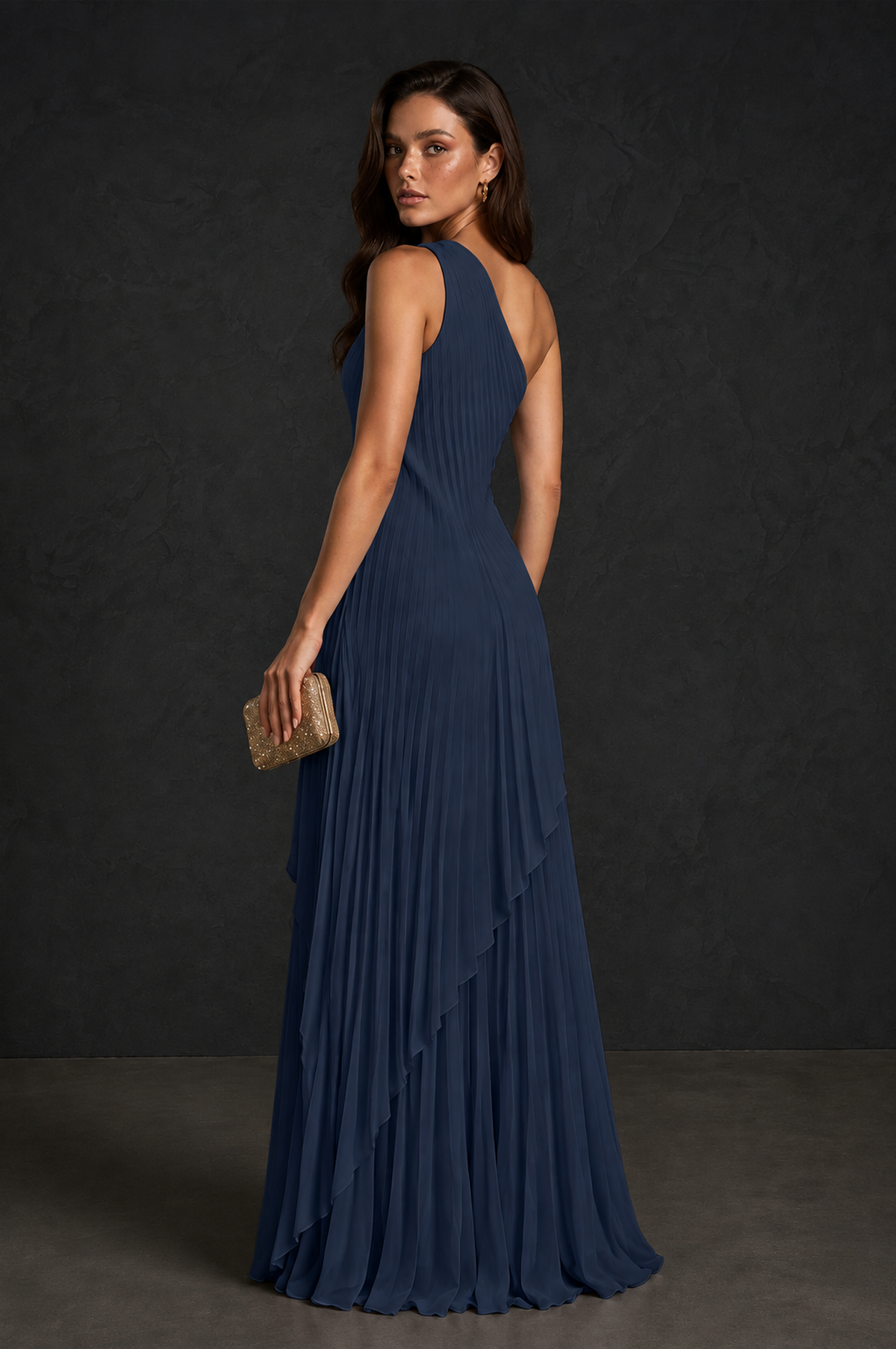 BOLODOO Navy Blue One-Shoulder Sunburst Pleated Asymmetric Layered Overlay Accordion Pleated Chiffon Maxi Dress - Navy Blue
