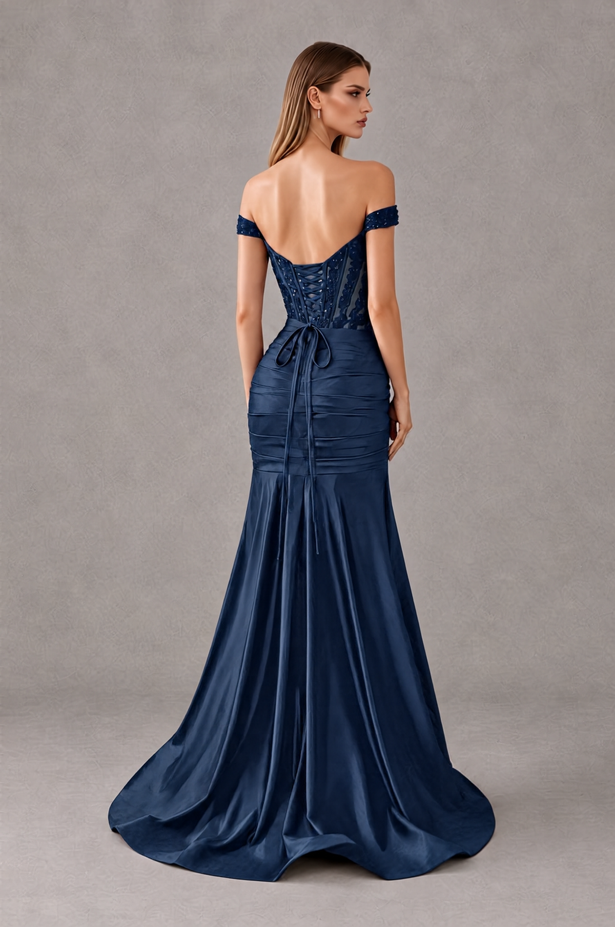 BOLODOO Navy Blue Off-Shoulder Corset Mermaid Prom Dress with Slit Sequin Lace Evening Gown - Navy Blue - Navy Blue_2