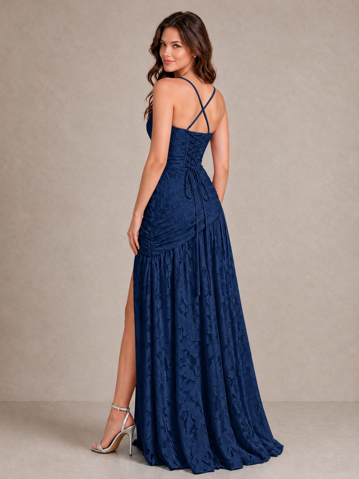 BOLODOO Navy Blue Floral Jacquard Bridesmaid Dress with Square Neck, Lace-Up Back & High Slit - Navy Blue - Navy Blue_2