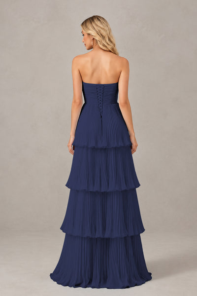 BOLODOO Navy Blue Strapless Tiered Chiffon Maxi Dress - Navy Blue