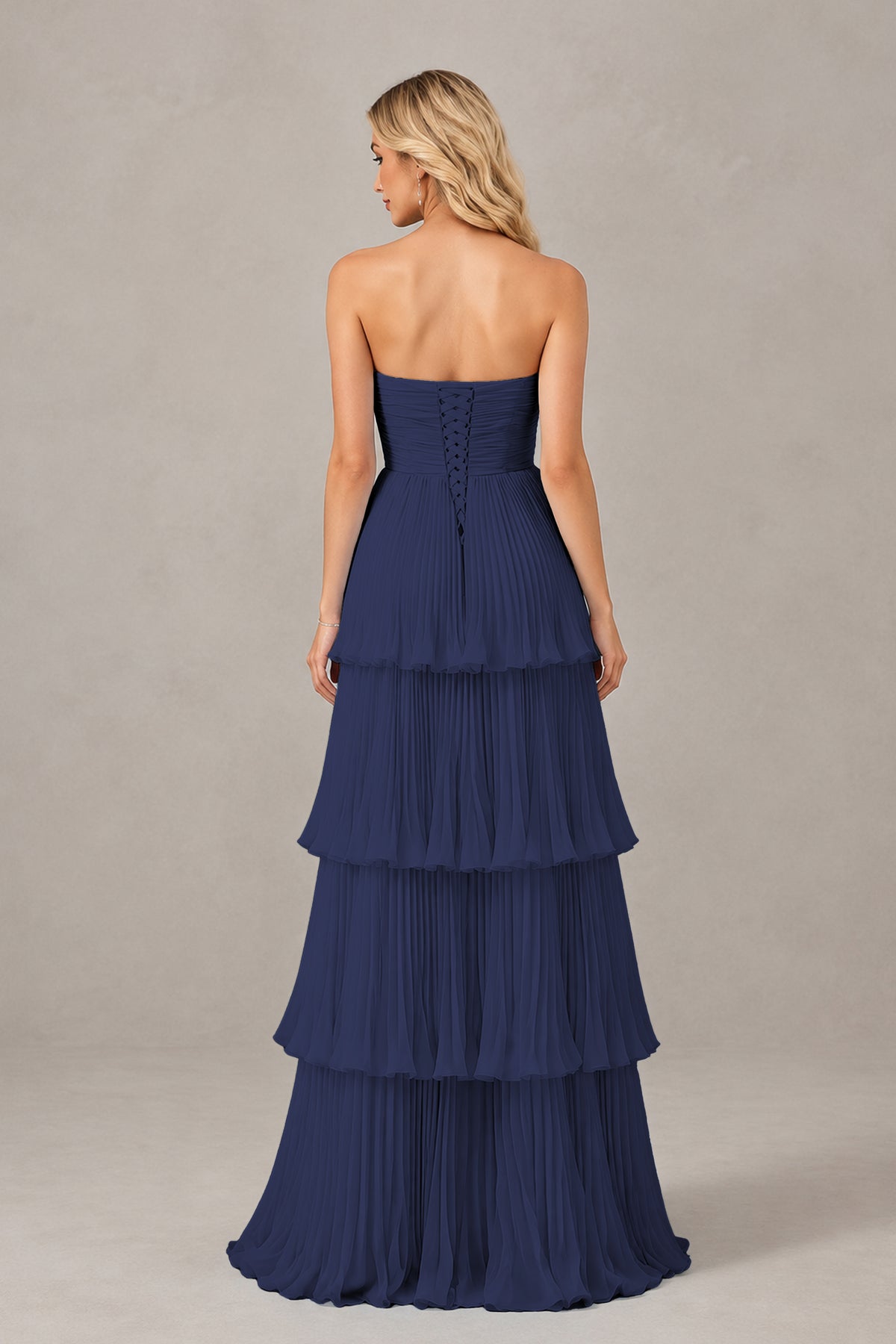 BOLODOO Navy Blue Strapless Tiered Chiffon Maxi Dress - Navy Blue