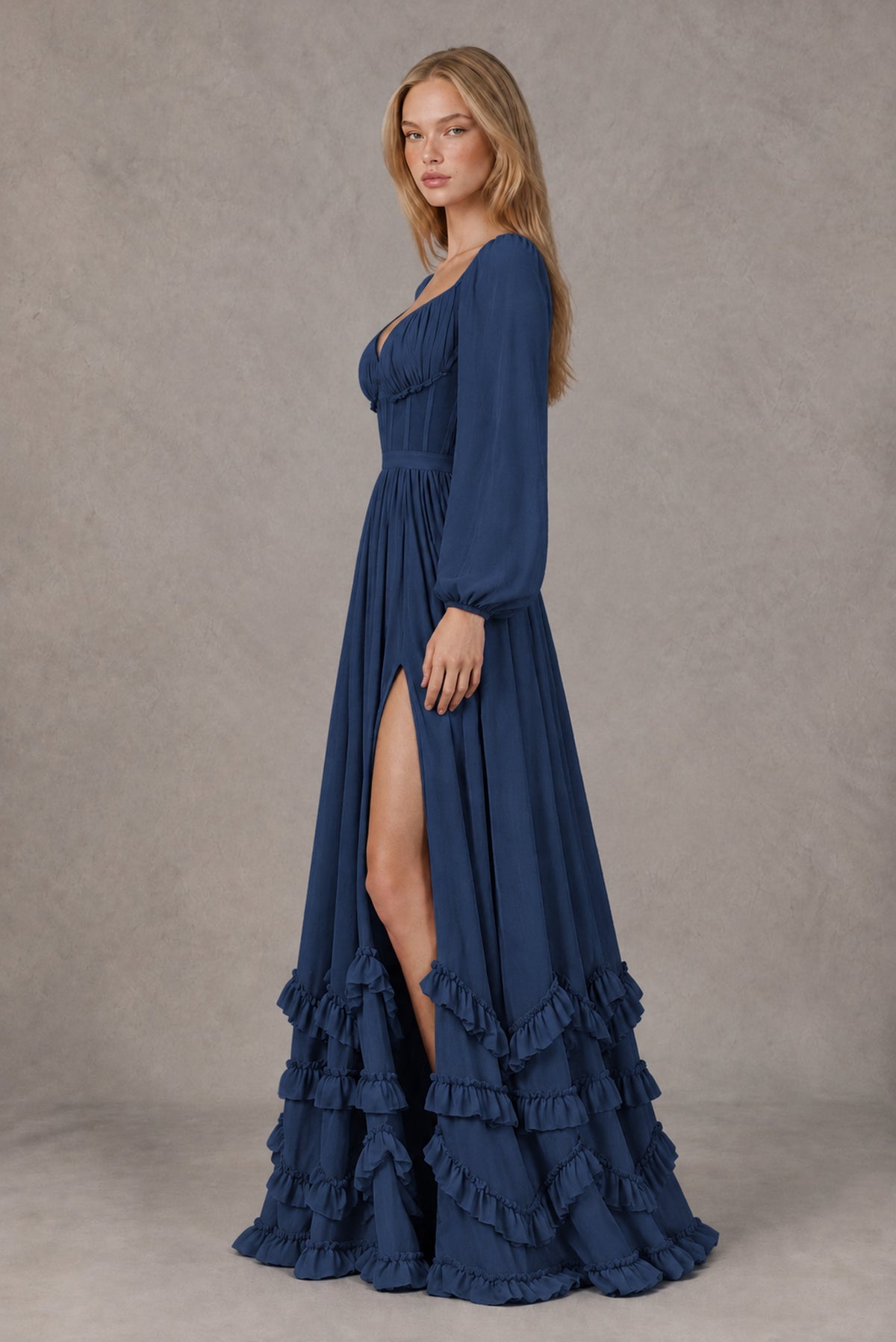 Navy Blue Long-Sleeve Ruffle Maxi Dress with Lace-Up Back and Slit - Navy Blue