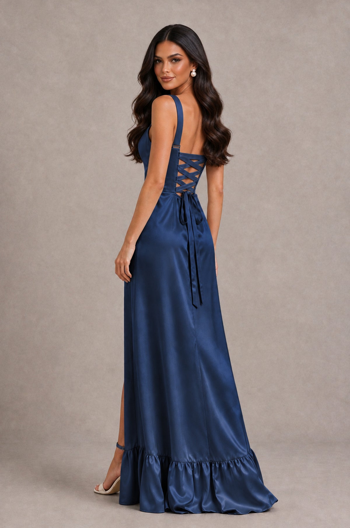 BOLODOO Navy Blue Square Neck Satin Evening Dress with Lace-Up Back and High Slit - Navy Blue - Navy Blue_2