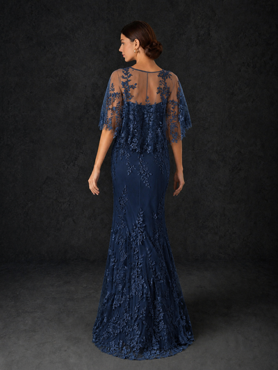 BOLODOO Mocha Rose Botanical Lace Flutter Sleeve Mermaid Gown - Navy Blue - Navy Blue