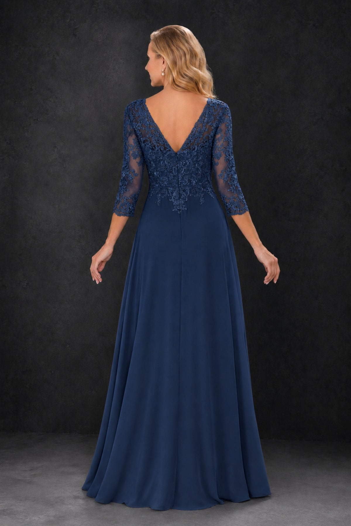 BOLODOO Navy Blue Lace Embroidered Mother of the Bride Dress with 3/4 Sleeves - Navy Blue